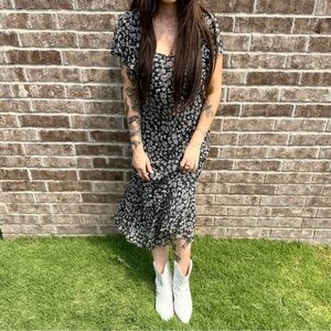 Vintage 90s Chadwick’s 100% Silk Black & White Floral Midi Dress – Size 10